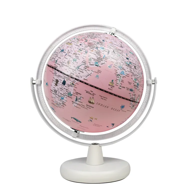 22.8cm (9") Illuminated Full-Swing Pink Color World Globe with Wooden Base & Aluminum Meridian detail view 2